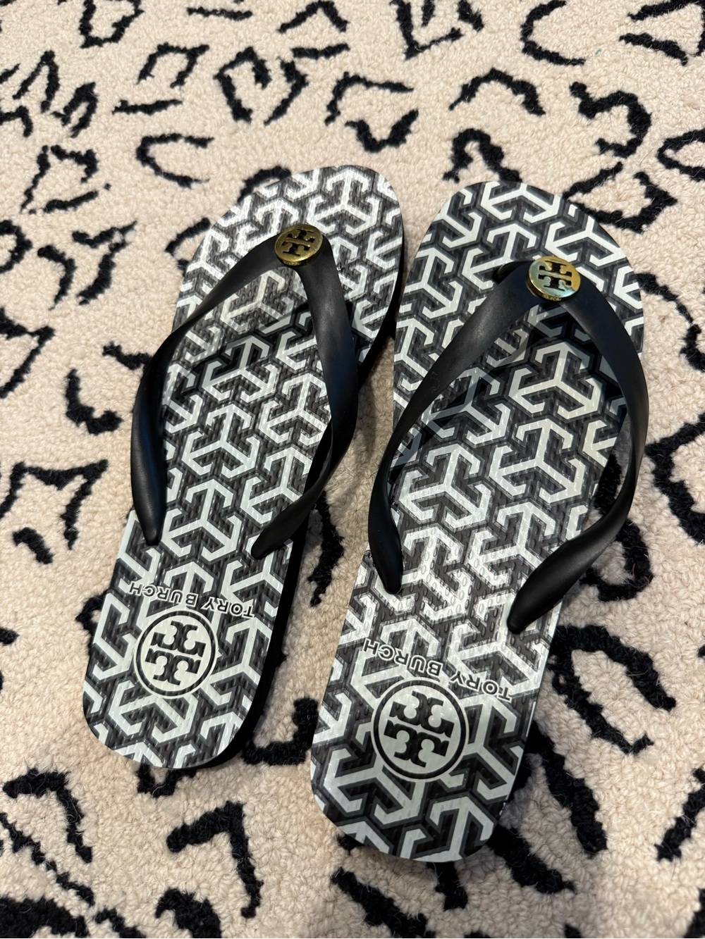 Tory Burch Black and White Geometric Logo Flip Flops